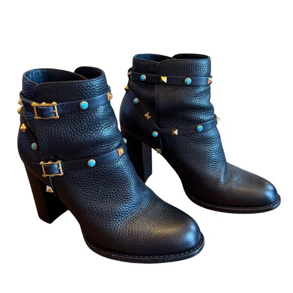 Valentino Garavani Rockstud Turquoise Pebbled Leather Ankle Boots EU 39.5 US 9.5 - Picture 9 of 13